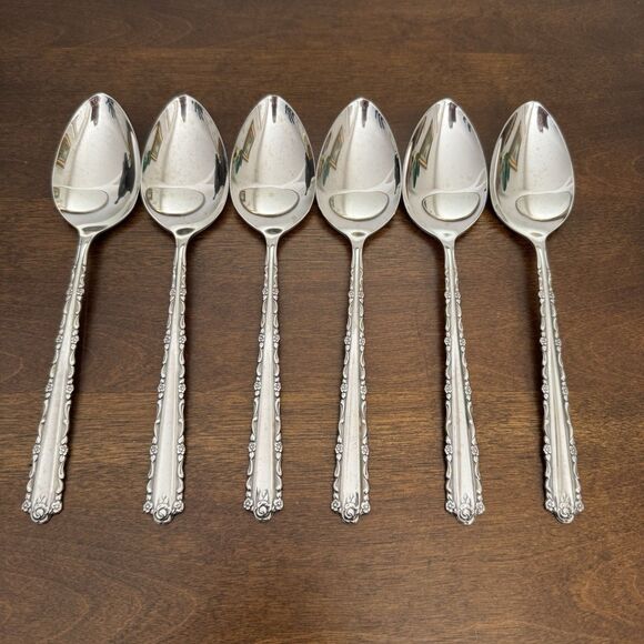 6 Oneida Cherie Oval Soup Serving Spoons Deluxe Stainless Flatware Glossy USA 8” - Picture 7 of 8